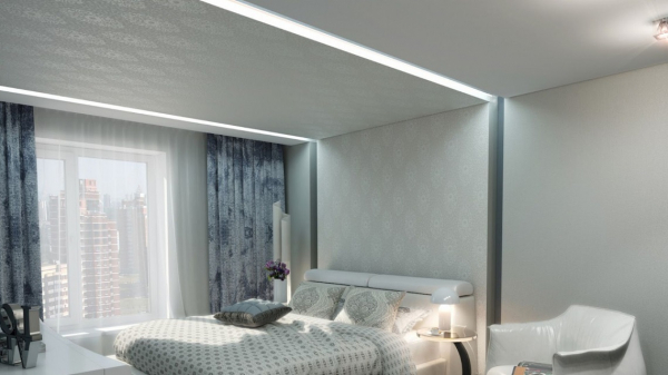 Пример тканевого натяжного потолка в спальню